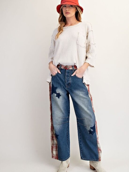 EASEL Pants - EASEL PLAID MIX STAR PRINT WASHED BARREL DENIM PANTS 70% COTTON 30% POLYESTER